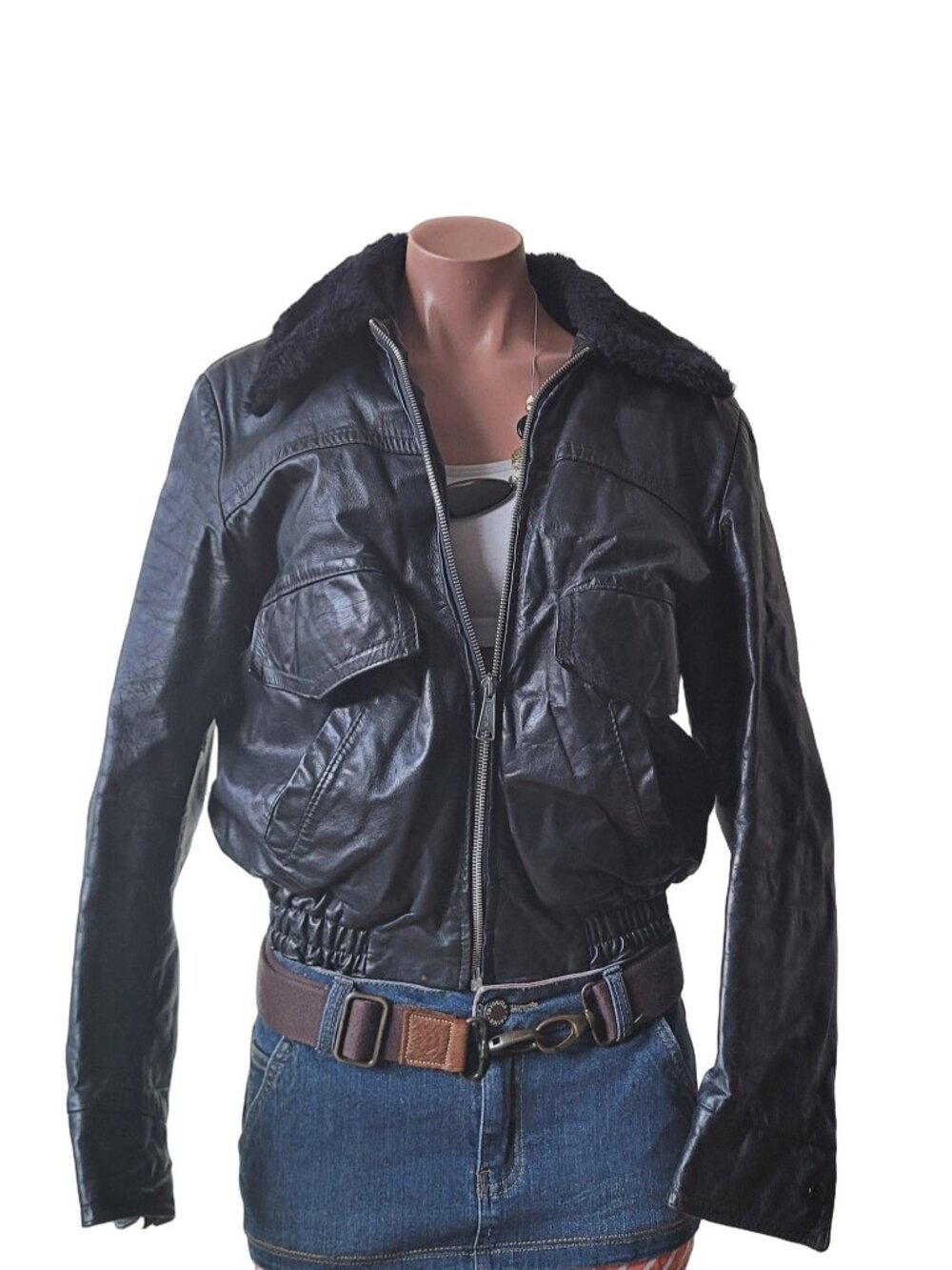 Sears Vintage 90s Black Fur Cropped Biker Genuine Leather Shearling Moto Jacket